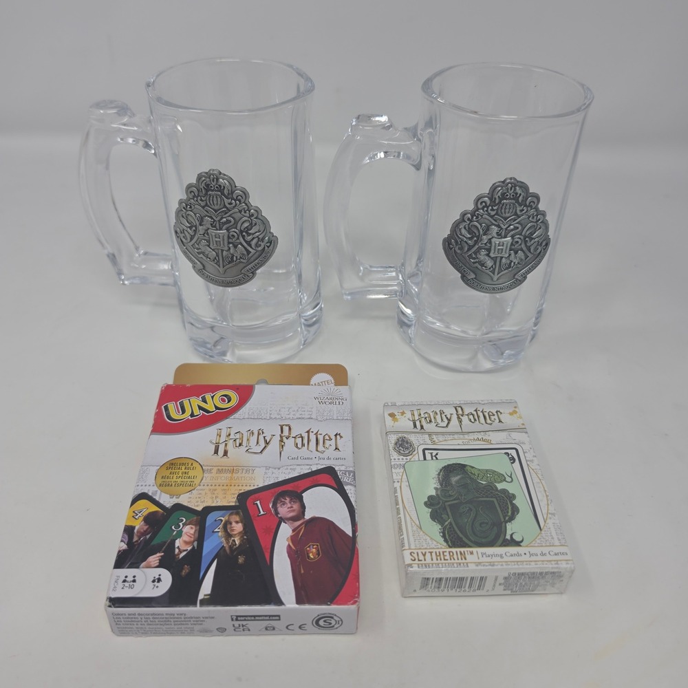 Harry Potter Bundle 2 Hogwarts Crest Mugs UNO Card Game & Slytherin PlayingCards